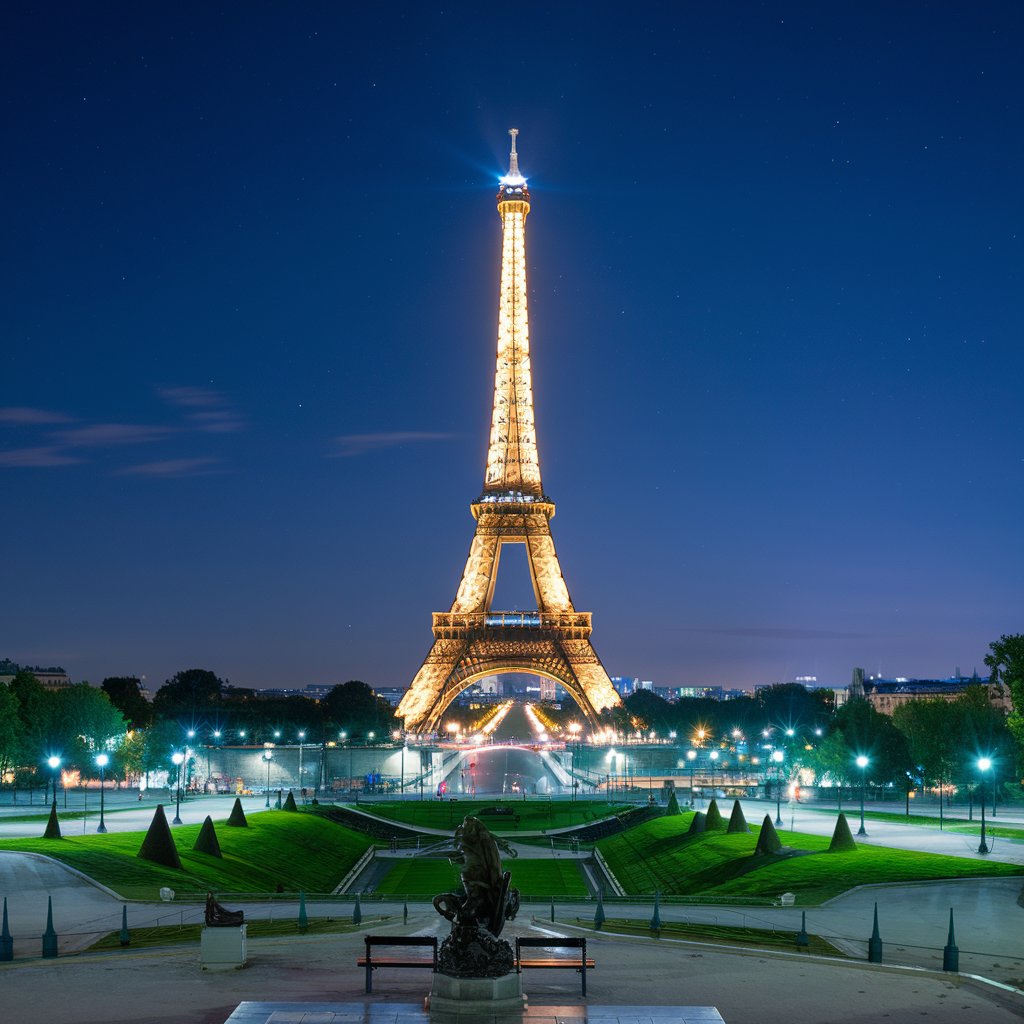 image of Eiffel tower against dark blue parisian sky