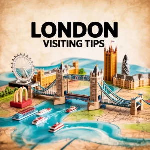 Collage of London's atttactions with "Lodon Visiting Tips" written in the center